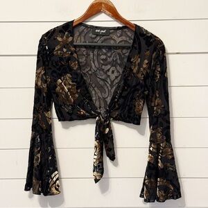 Wet Seal Black Y2K Sheer Burnout Floral Tie-Front Blouse w/ Bell Sleeves small
